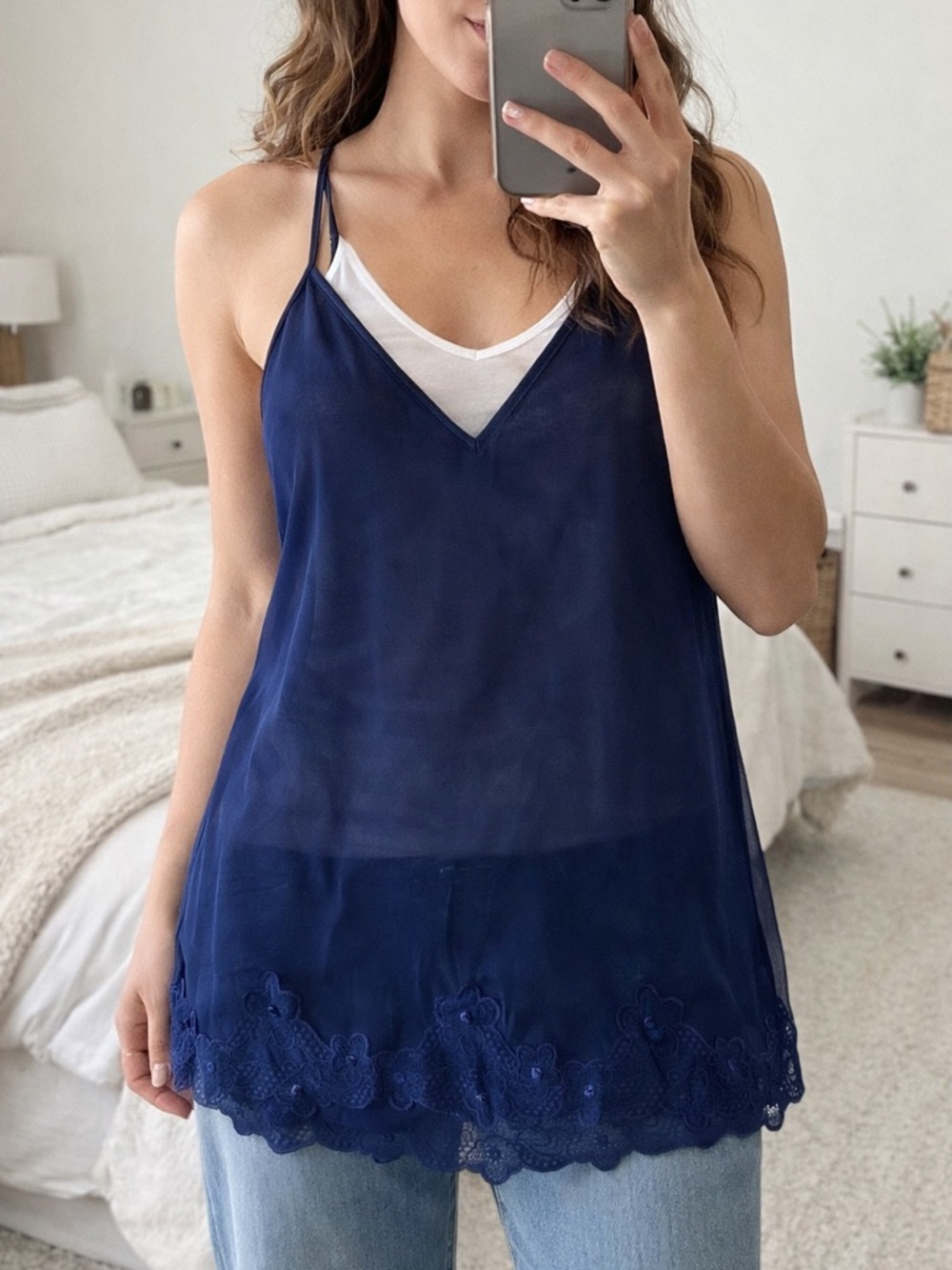 La Senza Vintage Blue Sheer Slip Cami Lace Hem Embroidered Y2K Coquette Cottage